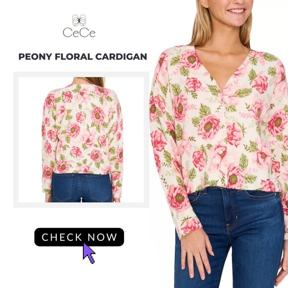 ✨ CeCe | Peony Floral Pearl-Button Cardigan - Picture 1 of 4